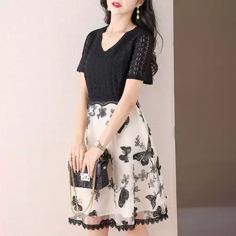 伊自尚法式大码胖mm收腰显瘦裙子2023新款夏装蝴蝶刺绣蕾丝连衣裙商品大图