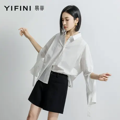 Yifini/易菲纯棉长袖开叉白色衬衫女2023春秋新款薄上衣宽松衬衣商品大图