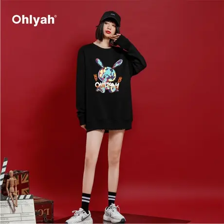 Ohlyah黑色卫衣女2023新款秋冬卡通兔子创意设计慵懒风圆领上衣商品大图