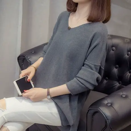 新款慵懒风套头毛衣女秋冬季V领纯色气质宽松针织衫上衣森系图片