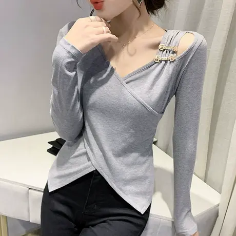不规则V领长袖T恤女装性感镂空露肩上衣欧货开叉洋气打底衫春秋潮商品大图