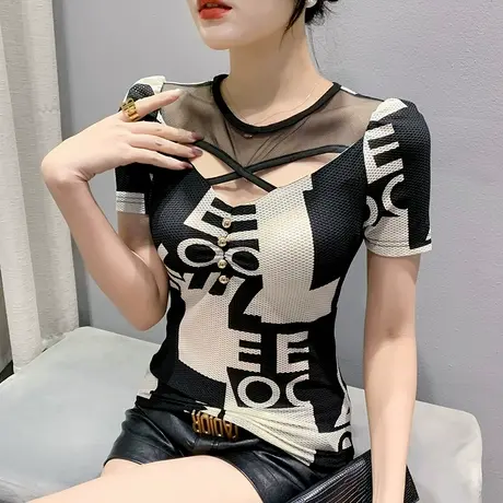 性感网纱短袖T恤女2023夏装新款欧货设计感印花上衣心机镂空小衫商品大图