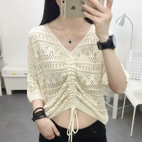 镂空针织衫女网洞抽绳v领上衣五分袖外穿针织衫女宽松网红t恤百搭图片
