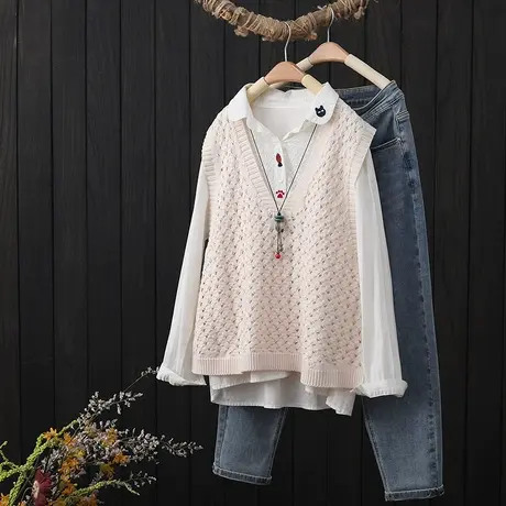 复古文艺镂空V领针织马甲女背心秋季2022年新款棉线马夹无袖坎肩商品大图