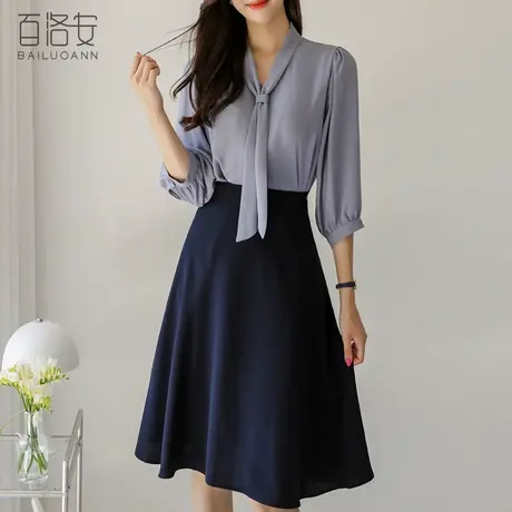 百洛安设计感飘带衬衫女秋季新款简约七分袖上衣气质通勤宽松衬衣图片