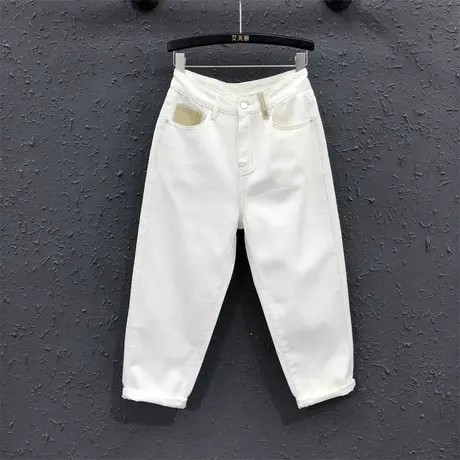 简约休闲女士韩版老爹裤欧货早秋新款撞色设计显瘦高腰牛仔哈伦裤商品大图