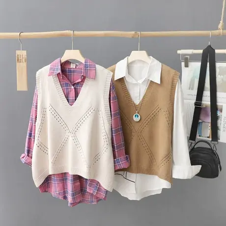 文艺纯色V领套头针织马甲线衣女休闲背心宽松外搭坎肩女百搭马夹图片