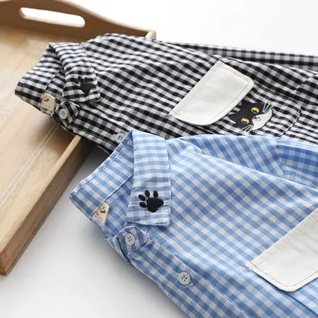 早春学院风文艺小清新刺绣格子衬衫女长袖宽松百搭设计感叠穿衬衣图片