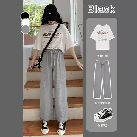 运动裤女小个子宽松显瘦夏季高腰垂感百搭灰色休闲直筒阔腿九分裤商品大图
