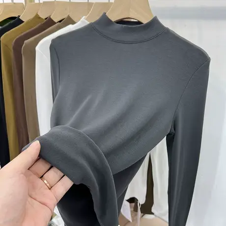 纯色百搭加薄绒圆领长袖T恤女2022秋冬新款修身内搭打底衫上衣ins商品大图
