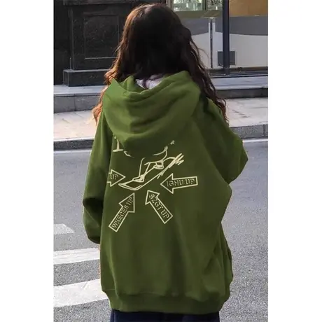 oversize美式复古连帽卫衣女春秋薄款韩版宽松慵懒风上衣外套潮牌商品大图