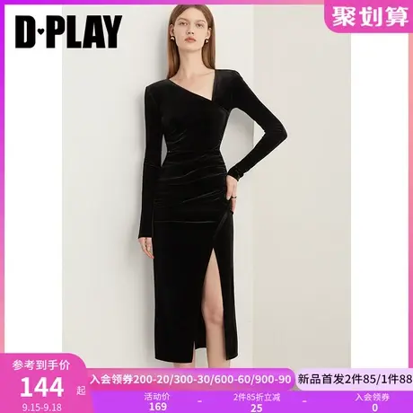 DPLAY2023秋法式黑不对称抽褶开衩氛围感丝绒连衣裙轻礼服小黑裙图片
