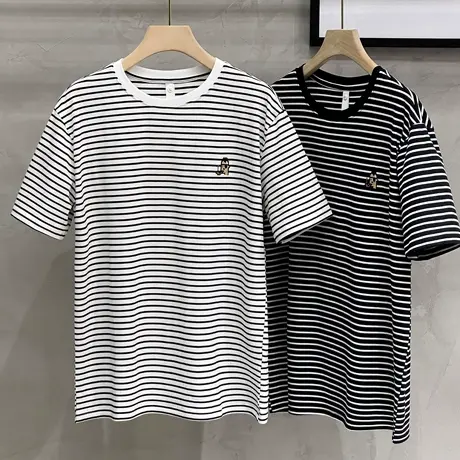 夏季日系条纹撞色短袖t恤韩版宽松男生韩版情侣百搭刺绣打底衫潮商品大图