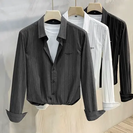 春季条纹长袖衬衫男修身免烫商务休闲刺绣韩版新款帅气衬衣上衣潮商品大图