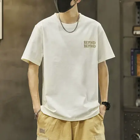 夏季全棉圆领短袖t恤男士夏天半袖无领体恤男装休闲短t上衣服男款商品大图