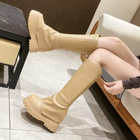 时尚长靴女厚底内增高英伦风长筒靴女秋冬新款后拉链高筒骑士靴潮图片