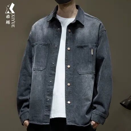 希越春季渐变水洗牛仔衬衫男2024新款宽松大码复古男士长袖衬衣服图片