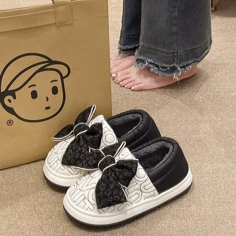 蝴蝶结棉拖鞋女冬季可外穿皮面防水防滑室内家用加绒保暖包跟棉鞋图片