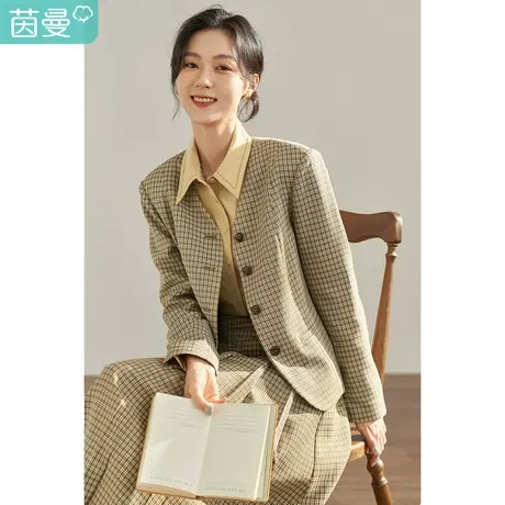 【商场同款】茵曼2023春女装新款通勤复古V领单排扣格子西装外套图片
