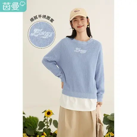 茵曼毛针织衫女士2023春季新款刺绣圆领套头宽松显瘦毛衣长袖上衣图片