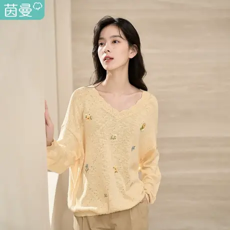 【商场同款】茵曼2023春季女装新款时尚通勤挑孔绣花V领宽松毛衣图片
