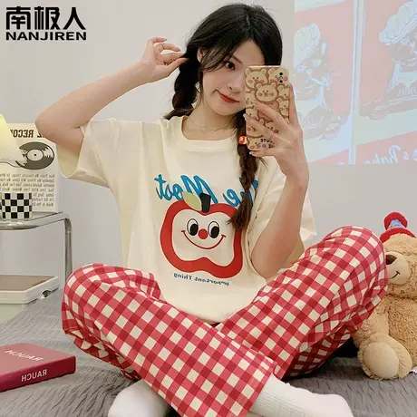 夏季睡衣女夏款女款2024新款纯棉女士短袖长裤苹果格家居服春秋款商品大图