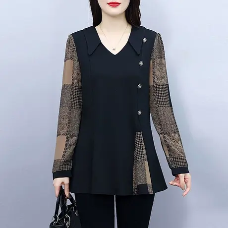 女士衬衫春秋装2023新款大码宽松遮肚子衣服洋气妈妈装接拼长袖衫图片