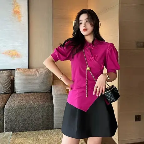 不规则t恤女复古盘扣春夏高级感上衣 百搭中国风体恤修身国潮女装商品大图