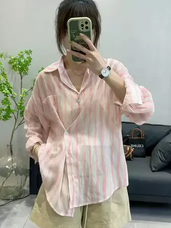薄款长袖粉衬衫外套夏季休闲宽松防晒衬衣通勤韩版百搭上衣开衫女商品大图