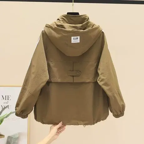 春秋季新款韩版大口袋连帽开衫工装夹克衫上衣时尚宽松风衣外套女图片