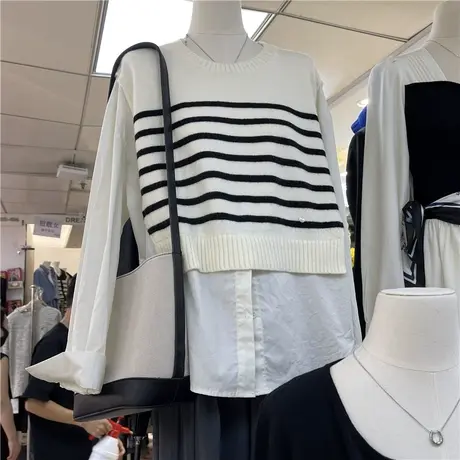 十三行2022年秋季新款韩版宽松衬衫针织条纹马甲拼接假两件上衣女商品大图