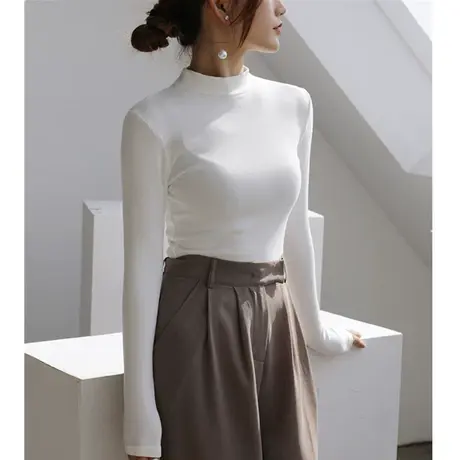 德绒打底衫女秋冬半高领2023年新款洋气磨毛内搭白色立领春秋上衣图片