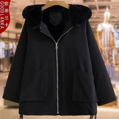 加肥加大码中年妈妈冬装加绒棉袄宽松洋气仿兔毛连帽加厚棉服外套商品大图