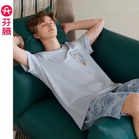 芬腾男士睡衣夏季薄款纯棉短袖短裤男款青年休闲可外穿家居服套装商品大图