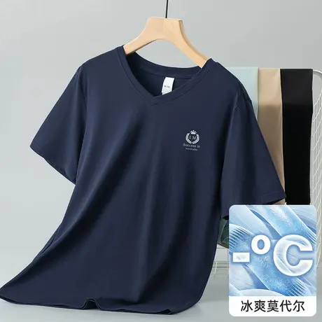莫代尔冰丝t恤男士短袖2025新款V领上衣服字母印花打底衫夏季半袖图片