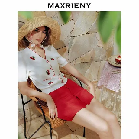 【宣璐同款】MAXRIENY精致日常风樱桃绣花短款收腰毛衫女25夏款商品大图