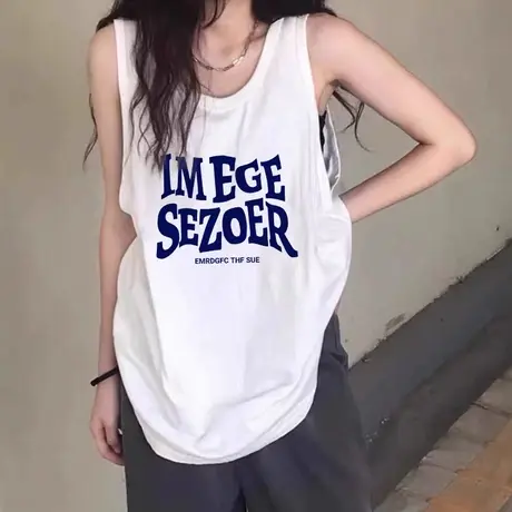 纯棉吊带背心无袖t恤女2024夏季设计感小众外穿宽松港风挂脖上衣图片