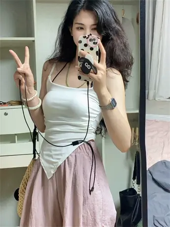 夏季复古荷叶边斜下摆吊带背心女韩版纯欲风性感别致显瘦短款上衣图片