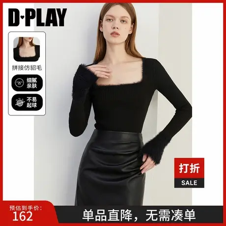 DPLAY2025春季通勤黑色方领修身针织衫套头针织打底衫毛衣上衣女图片