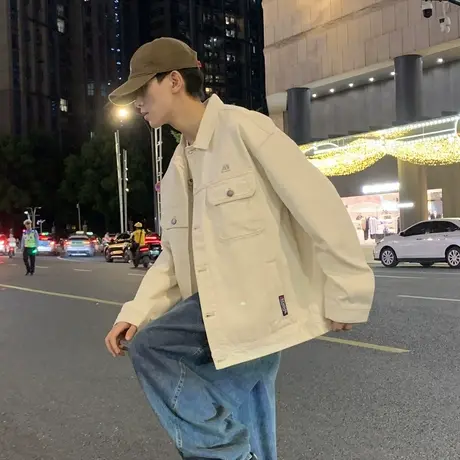唐狮春季新款夹克外套男翻领纱卡外套薄款白色牛仔休闲青少年潮流图片