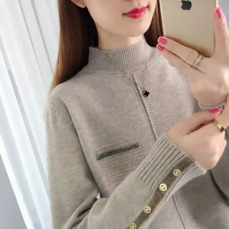 韩版套头洋气针织衫内搭打底衫2023秋冬新款宽松半高领加厚毛衣女商品大图