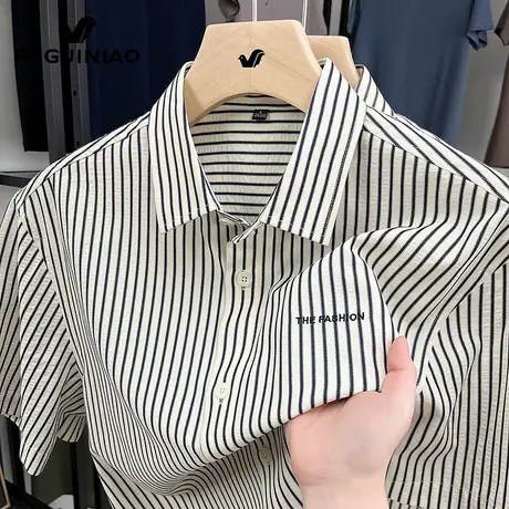富贵鸟条纹短袖衬衫男士休闲上衣服2025年夏季新薄款商务衬衣男装商品大图