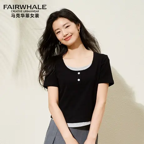 马克华菲假两件短袖T恤女夏季新款撞色修身显瘦圆领百搭纯棉上衣图片