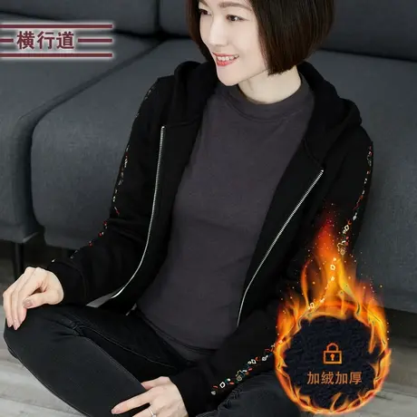 妈妈连帽上衣女2023冬装宽松加厚纯色带帽长袖大码加绒中年短外套商品大图