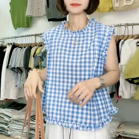 欧洲站新款时尚百搭圆领木耳边格子无袖衬衫女韩版休闲气质上衣潮图片