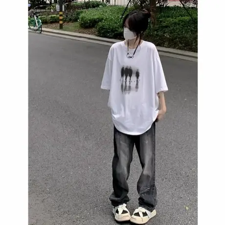 100%纯棉美式复古hiphop短袖t恤女2025新款国潮牌小众设计感上衣商品大图