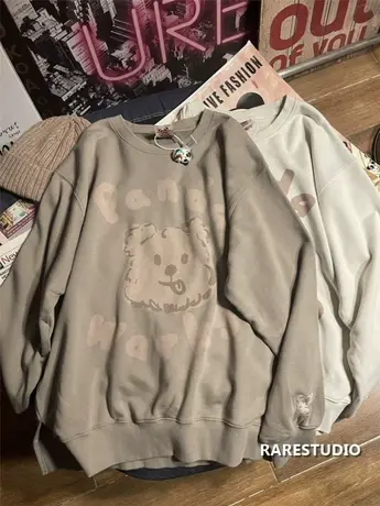 手绘小熊头像水洗毛圈棉圆领百搭宽松高级感卫衣女春秋新款女上衣图片