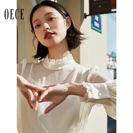 Oece仙女衬衫秋新款法式复古花边立领长袖衬衣女上衣图片