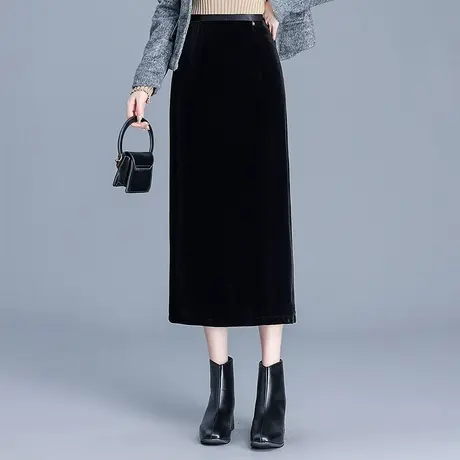 金丝绒包臀裙女秋季2025新款高腰显瘦通勤半身裙中长款开叉一步裙图片