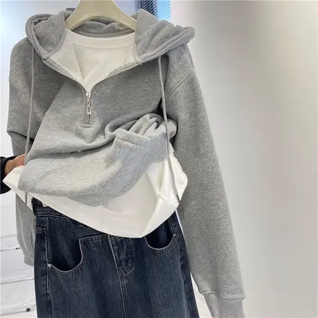 半拉链连帽卫衣女春秋装百搭宽松显瘦小众设计感洋气时髦薄款上衣商品大图